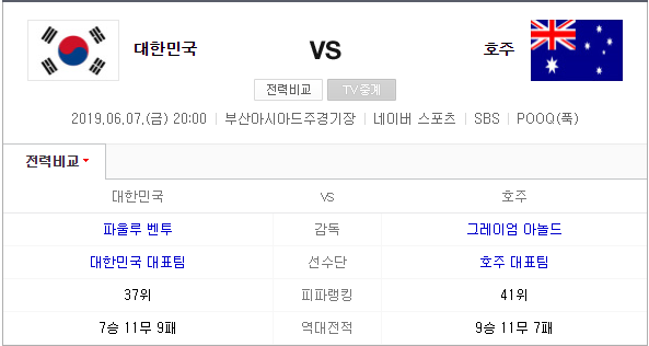  한국 호주 A매치 축구 일정 및 중계
