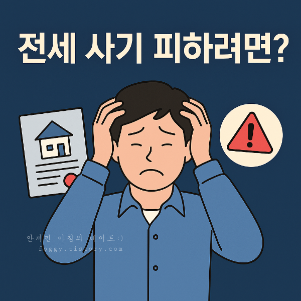 전세 계약 중 주의해야 할 위험 신호를 정리한 블로그 썸네일 이미지. 머리를 감싸쥔 인물이 전세 사기 상황에서 느끼는 불안함을 표현하고 있으며, 상단에는 '전세 계약, 이럴 땐 멈춰!'라는 문구가 적혀 있음.