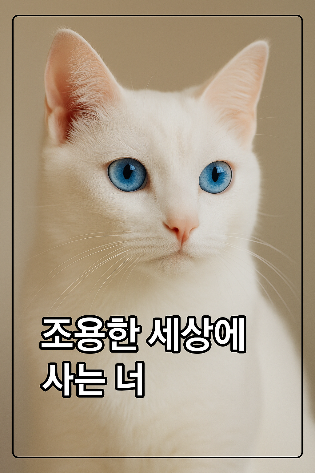 파란 눈에 하얀 고양이가 정면을 쳐다보고 앉아있다.