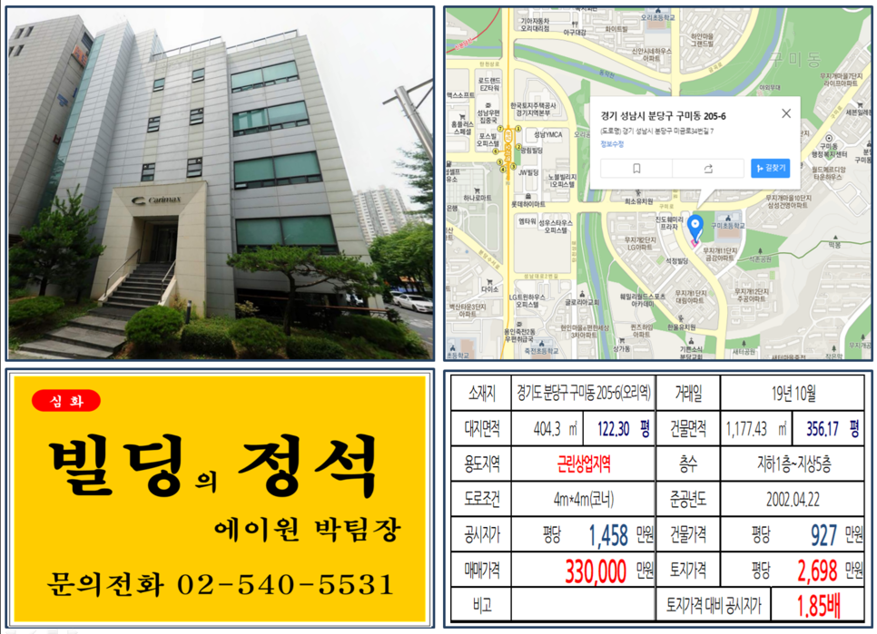 [성남시 분당구 사옥용 꼬마빌딩 실거래가 조회] 구미동 205-6 (오리역) 33억 원, 평당 2,698만 원, 오리역 역세권 사옥용 꼬마빌딩 실거래가, 코너빌딩, 단독사옥용