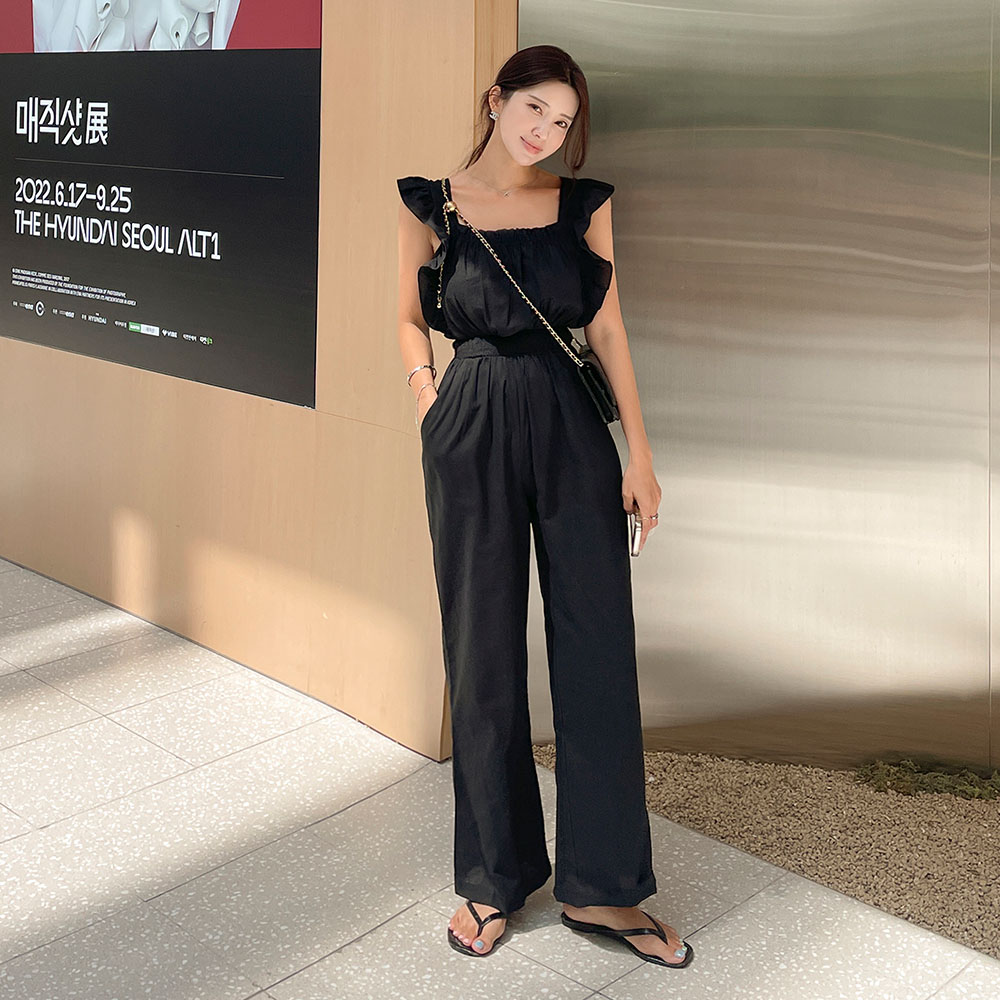 썸머 린넨 스퀘어넥 프릴 밴딩 나시 점프수트