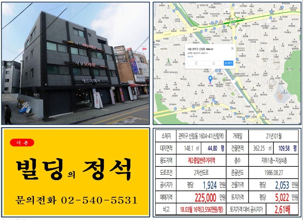  [관악구 신림경전철 호재지역 20억 꼬마빌딩 실거래가 조회] 신림동 1604-41 (신림역) 22.5억 원, 평당 5,022만 원 매매되었습니다
