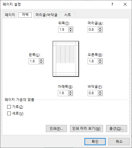 페이지 설정 중 여백 지정하기, 위쪽, 아래쪽, 왼쪽, 오른쪽, 머리글, 바닥글