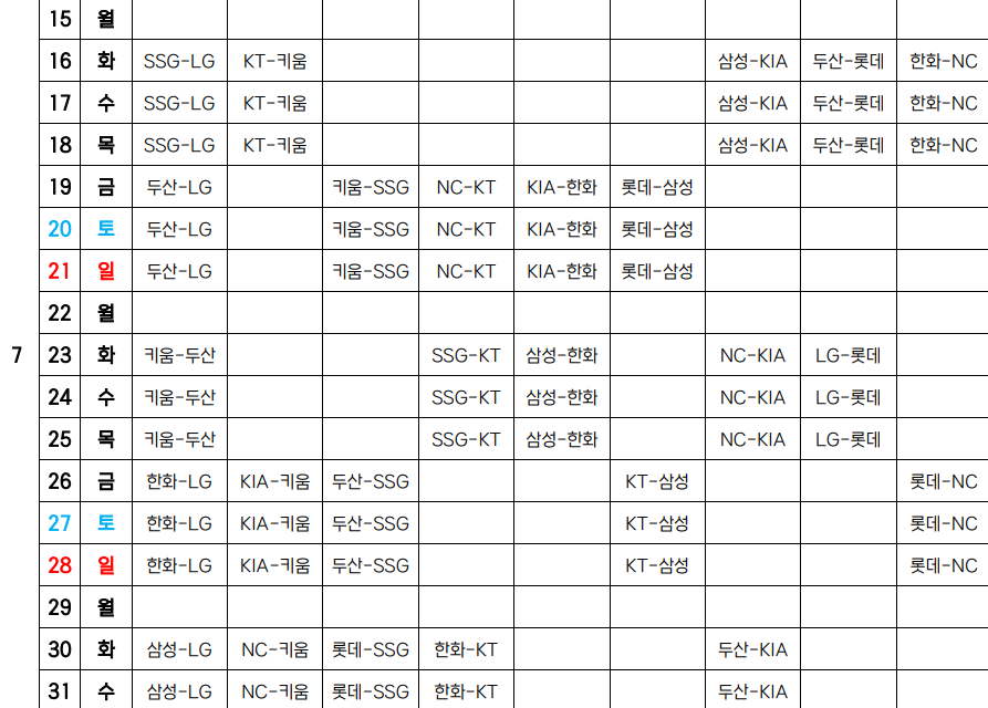 KBO 7월 일정