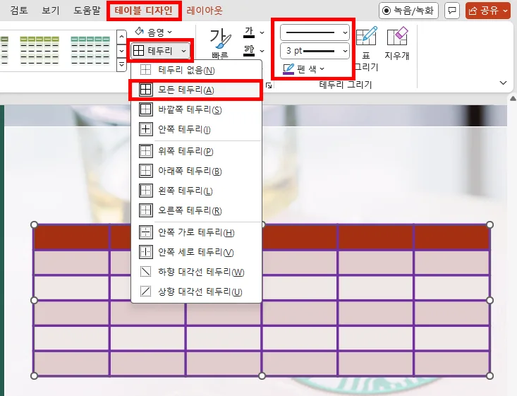 ppt에서 표의 테두리 색깔을 적용하는 모습