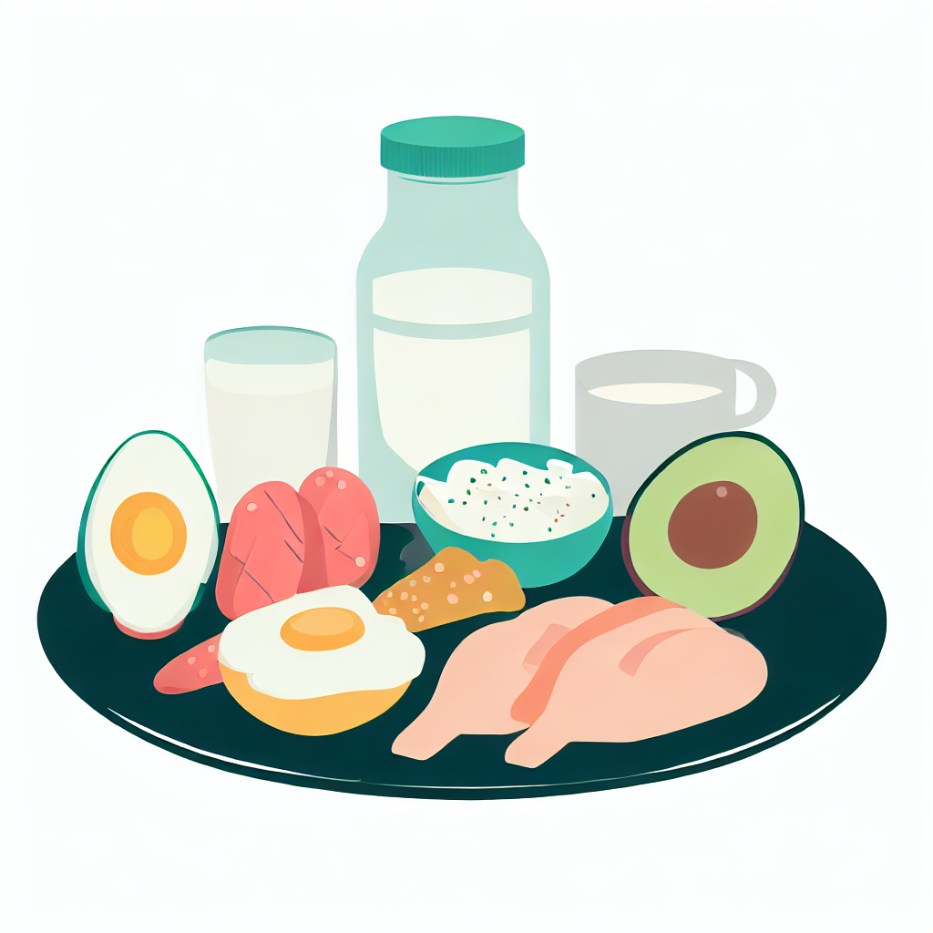Flat vector style illustration of a plate with nutritious food like chicken breast&#44; eggs&#44; avocado&#44; yogurt&#44; and a fruit smoothie.