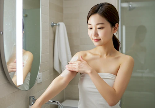 샤워 후 욕실 거울 앞에서 팔에 보습제를 듬뿍 바르고 있는 한국 여성의 일상적인 모습이 사실적으로 묘사된 사진