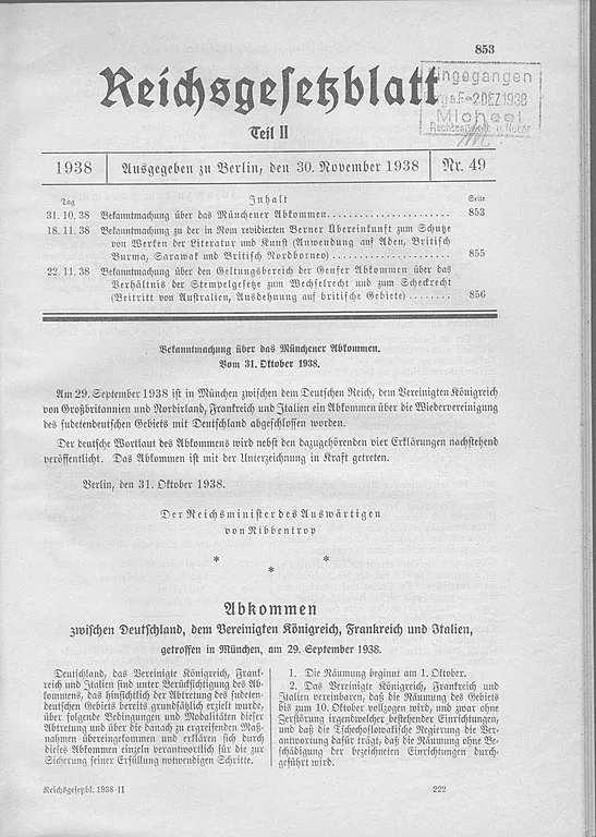Deutsches Reichsgesetzblatt(뮌헨 협정 발표)
