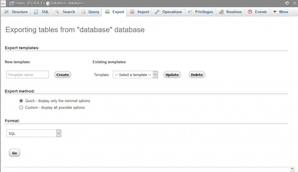 phpMyAdmin - Export(내보내기) 탭