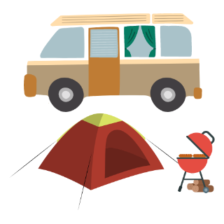 캠핑장에-바베큐와-텐트가-있고-뒤에-캠핑카가-있다