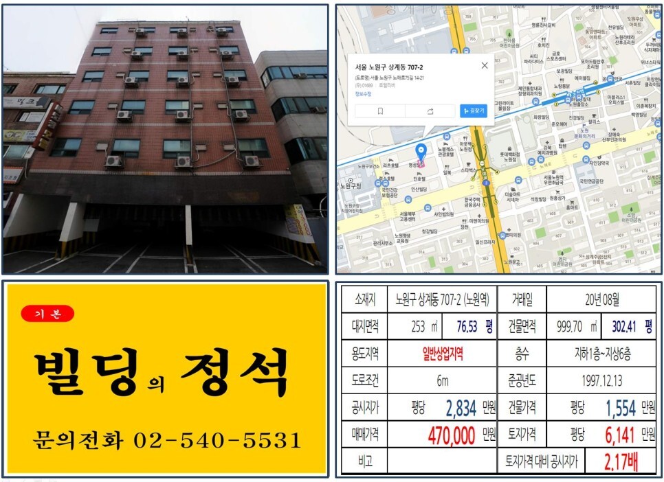  [노원구 노원구청 먹자상권 40억 꼬마빌딩 실거래가 조회] 상계동 707-2 (노원역) 47억 원, 평당 6,141만 원 매매되었습니다. 도봉면허시험장, 노원문화의거리