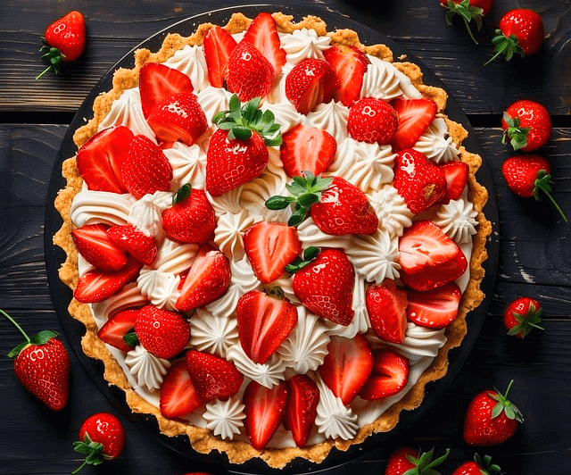 나무 식탁 위에 둥그런 딸기 케이크가 있다. 하얀 생크림이 가득하고 그 위에 빨간 딸기들이 가득 있다.