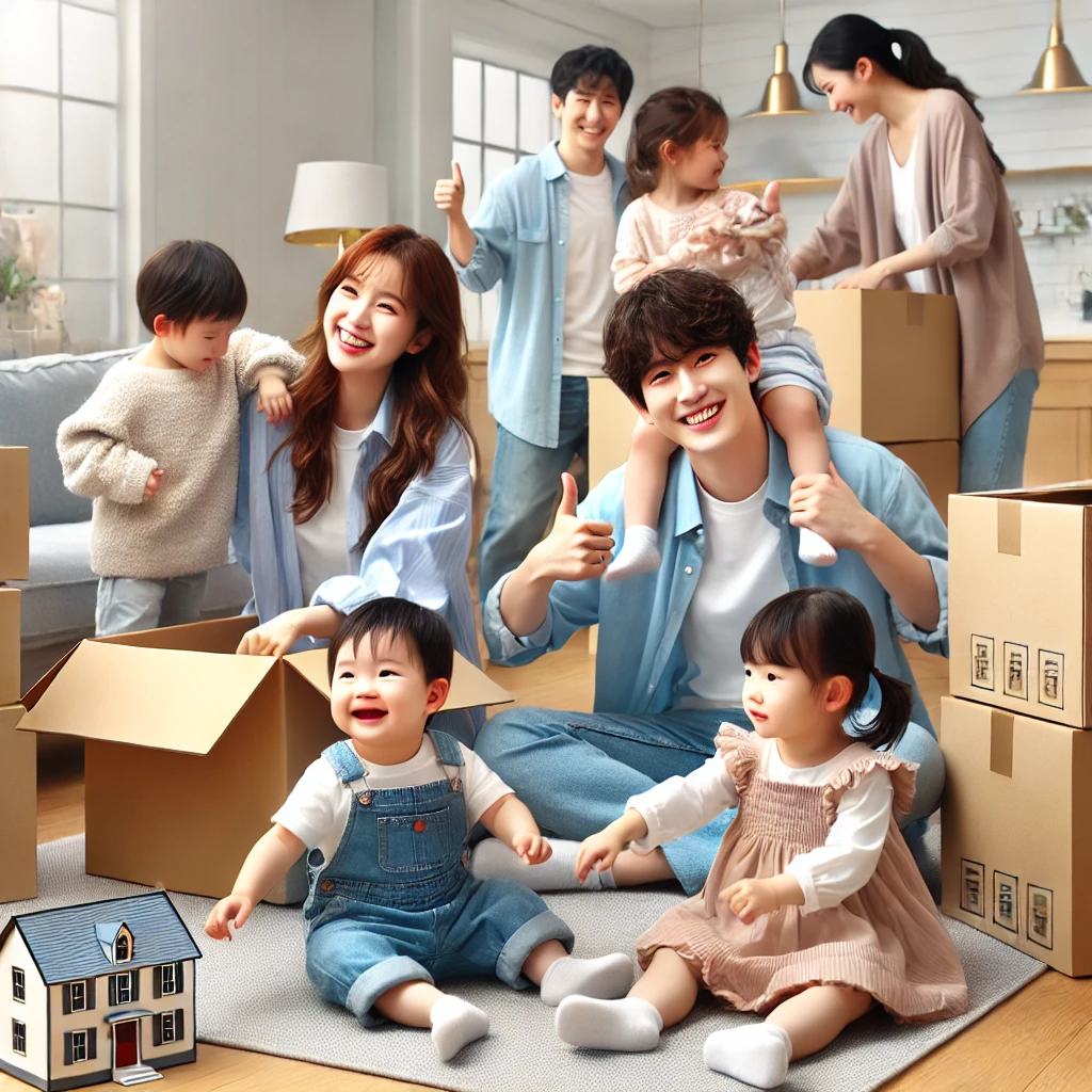 &quot;한국의 한 가정이 새 집으로 이사하는 모습. 부모는 상자를 풀며 미소를 짓고 있고, 아이들은 거실에서 즐겁게 놀고 있다. 배경에는 현대적인 아파트 내부가 보이며, 다자녀 가구를 위한 주거 지원을 상징하는 장면이다.&quot;