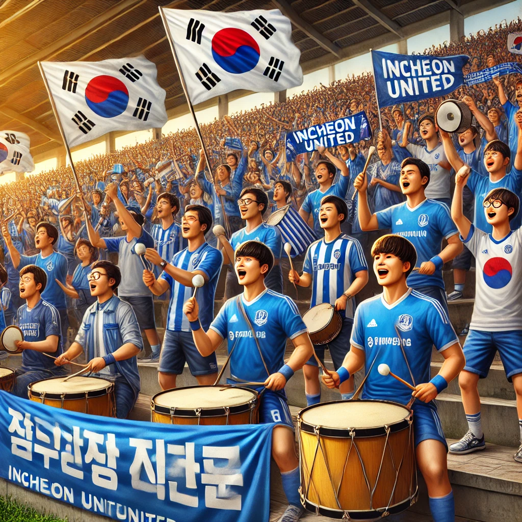 응원 문화(깃발, 드럼, 응원하는 관중)