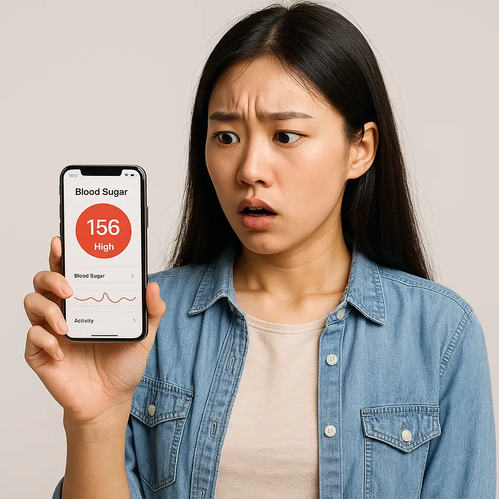 Surprised young woman by Health App