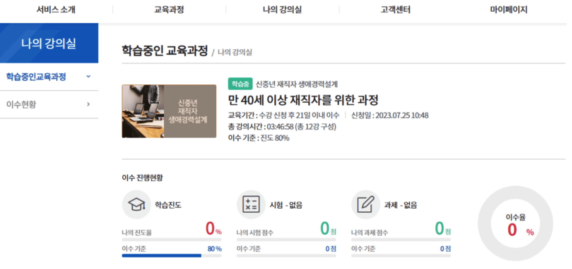 학습중인 교육과정 이수율 확인