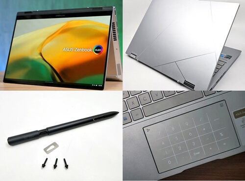 에이수스 젠북 14플립 OLED는 컨버터블 노트북으로, 360도 개폐가 가능한 힌지 타입으로 상판에는 에이수스로고 패턴이 새겨져 있으며 실버색상으로 메탈릭한 느낌을 주고 있다.
