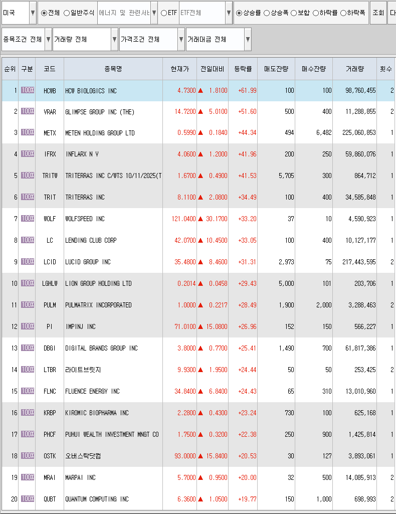  10월28일 미국주식 상승률 상위 종목 TOP 300