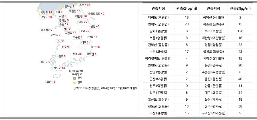 우리나라 지도위 지역별 황사 농도표시