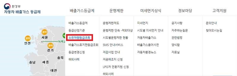 자동차 배출가스 등급제 홈페이지 소유차량등급조회 메뉴