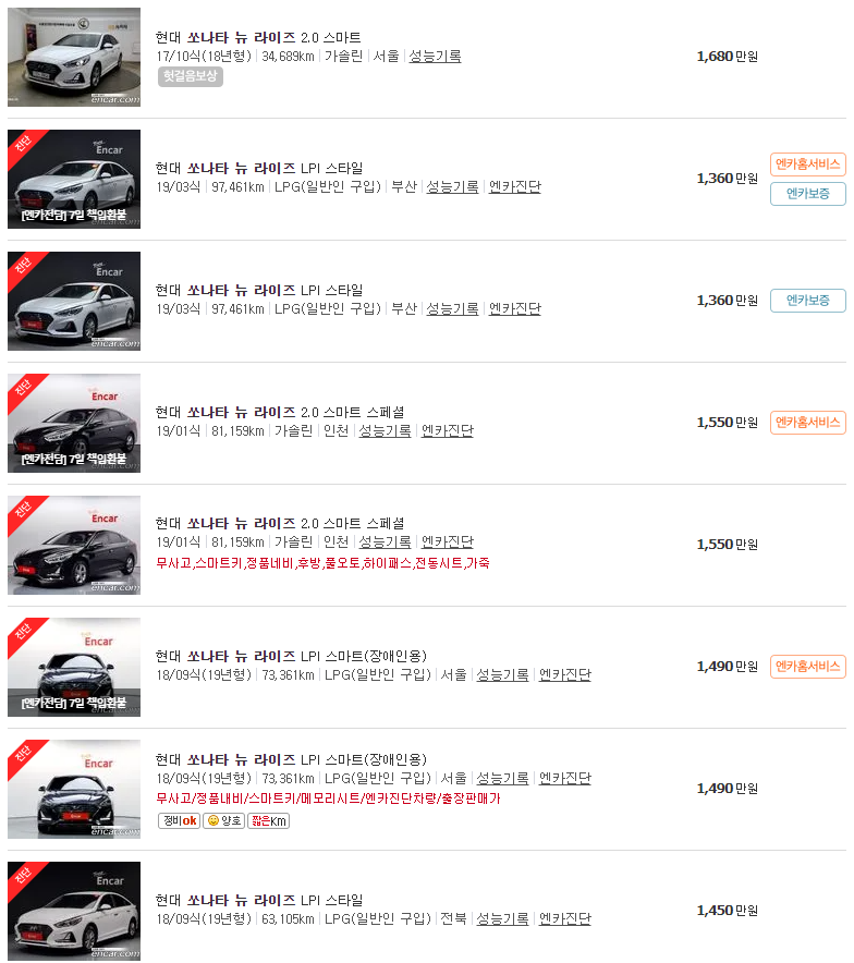 쏘나타 뉴 라이즈 중고차 가격