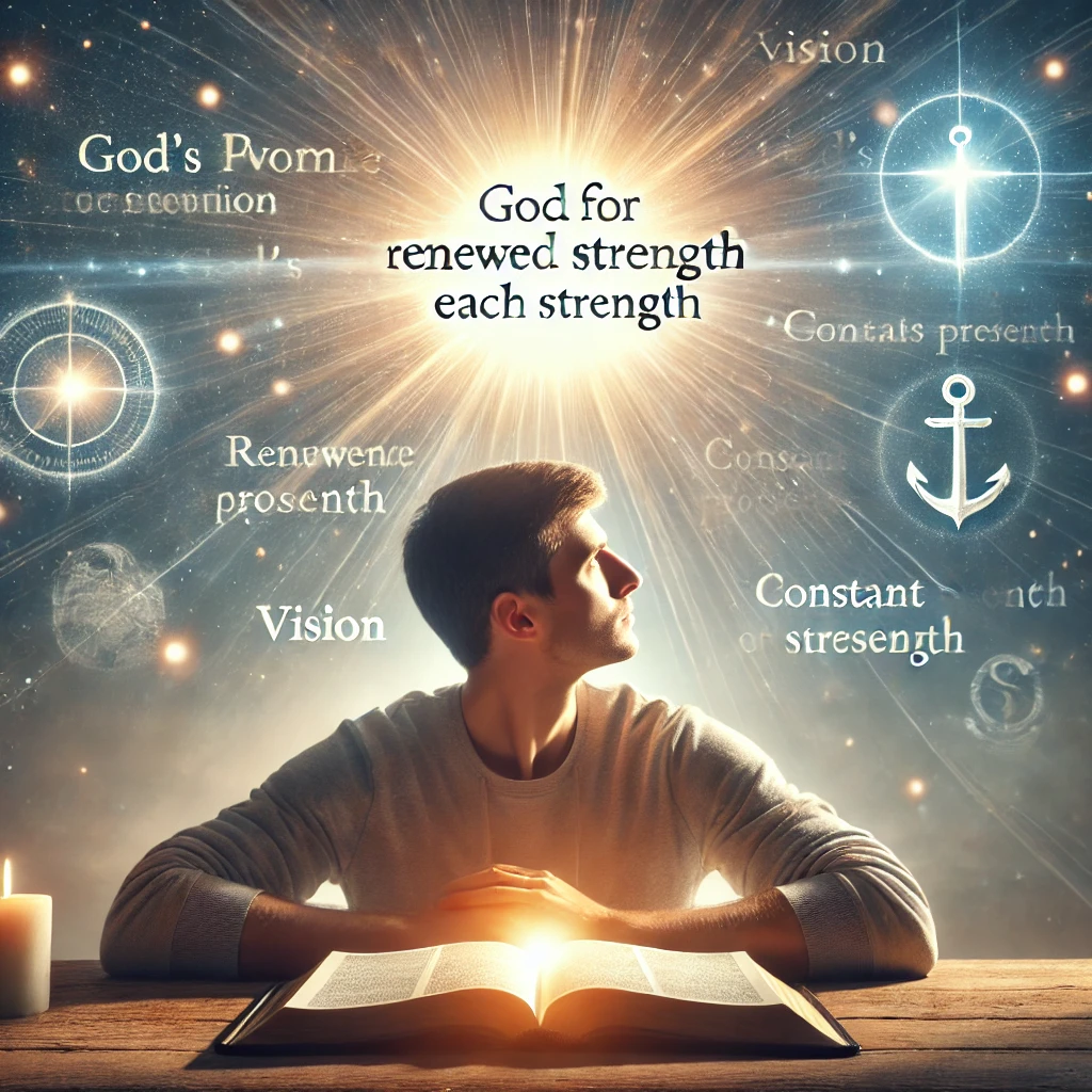 Here is the image reflecting a person sitting in peaceful reflection&amp;#44; holding an open Bible&amp;#44; surrounded by God&amp;#39;s presence and strength. The scene emphasizes the reliance on God&amp;#39;s promises&amp;#44; vision&amp;#44; and unchanging support as a source of daily renewal and strength.