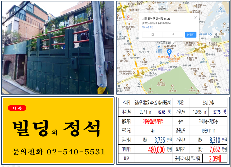  [강남구 봉은사로 이면 40억 꼬마빌딩 실거래가 조회] 삼성동 44-22 (삼성중앙역) 48억 원, 평당 7,662만 원 매매되었습니다.