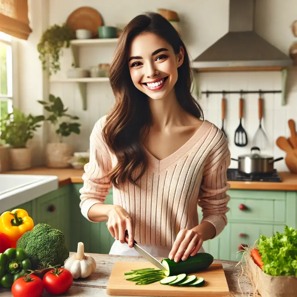 밝은 주방에서 신선한 채소로 반려견 식이섬유 식단을 준비하는 젊은 여성의 초고해상도 사진