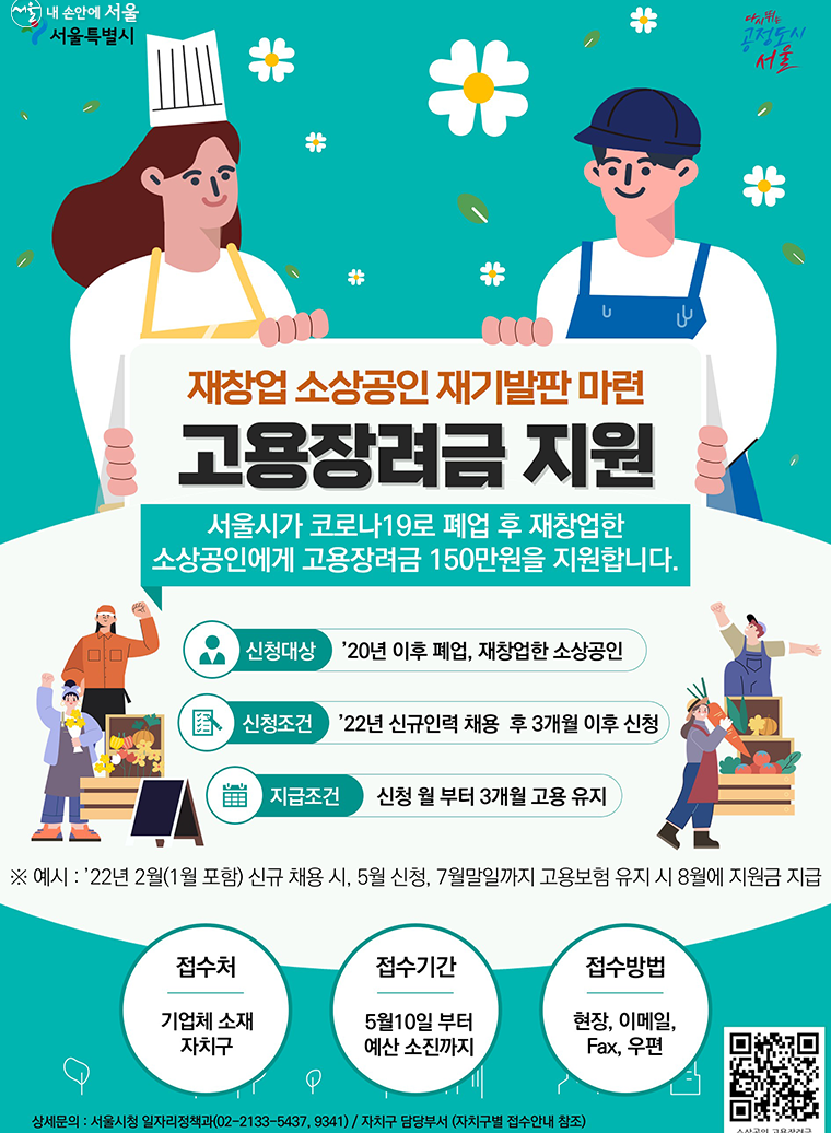  재 창업 소상공인을 위한 고용 장려금 지원 안내! 서울시가 소상공인에게 고용 장려금 150만원을 지급합니다.