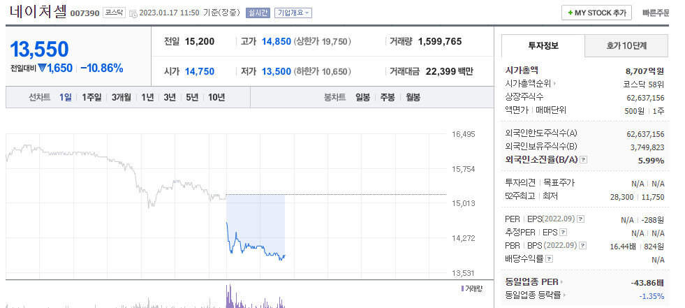  (007390)네이처셀 주가 전망 네이처셀 주가 급락 이유는?