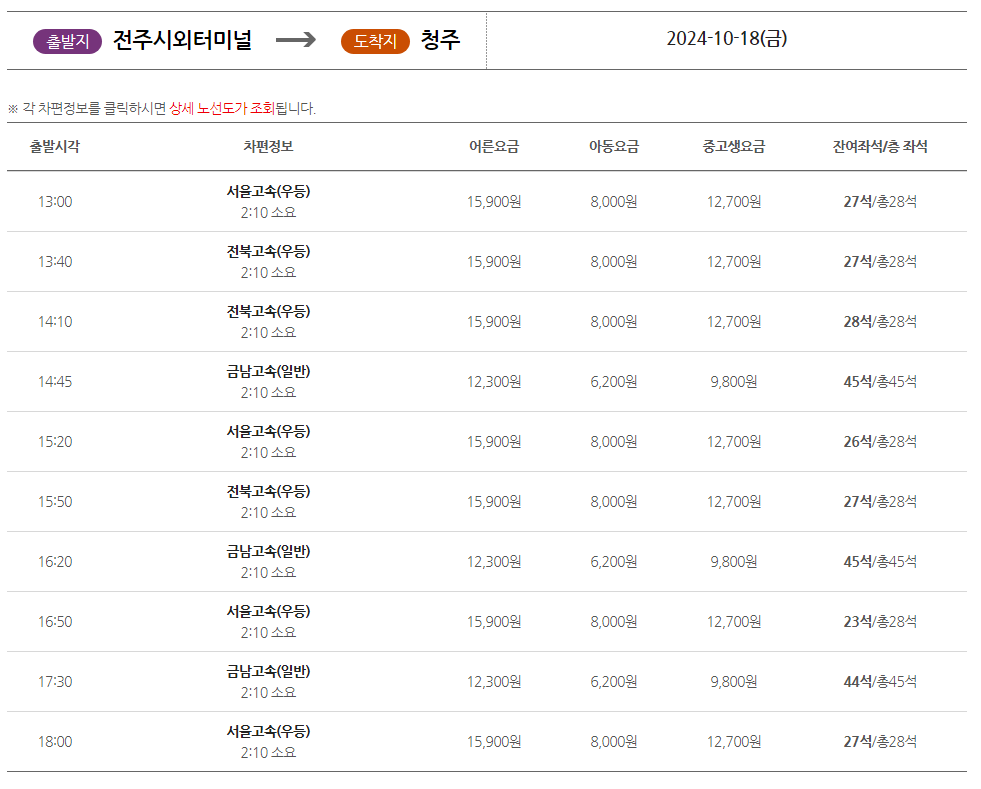 전주시외버스터미널에서 청주 가는 시간표