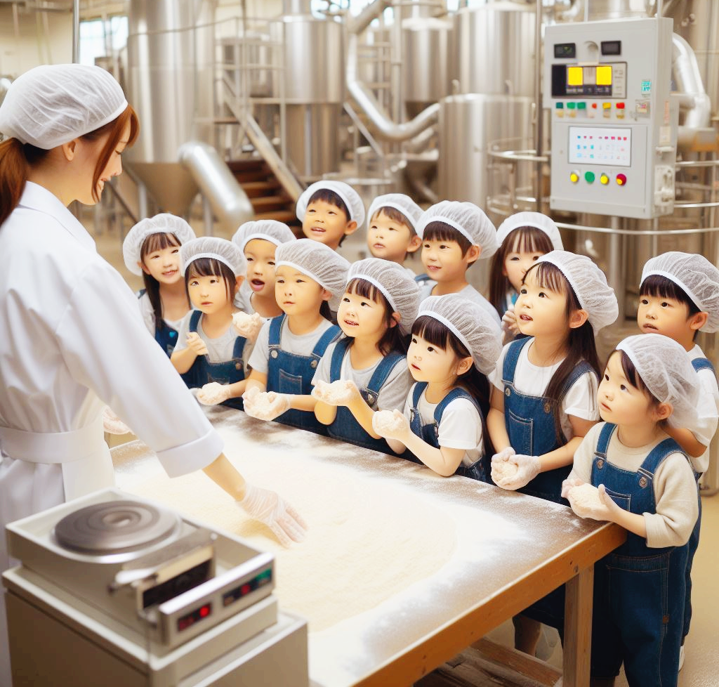 깨끗한 밀가루를 만드는 공장을 견학하고있는 유치원생들의 모습 직접 생산된 밀가루를 손으로 만져보는 경험도 하고있습니다. 공장의 책임자가 유치원생들에게 밀가루에 대한 설명을 하고있는 모습입니다.