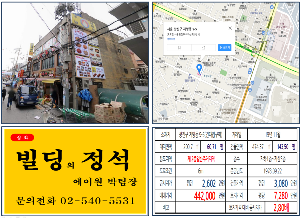  [광진구 건대양꼬치골목 임대수익용 꼬마빌딩 실거래가 조회] 자양동 9-5 (건대입구역) 44.2억 원, 평당 7,280만 원, 건대양꼬치골목,