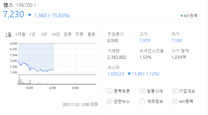  (196700)웹스 주가전망 웹스 급락 이유와 배경 하락세 시작?