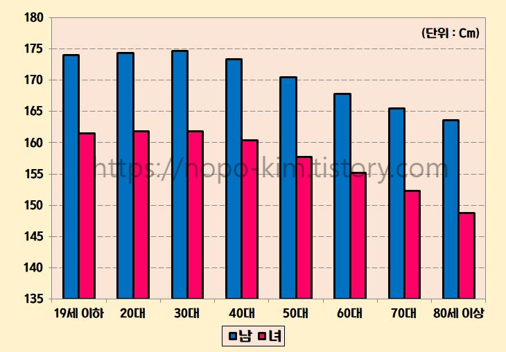 한국 남녀 연령별 평균키 몸무게 Bmi 비만지수