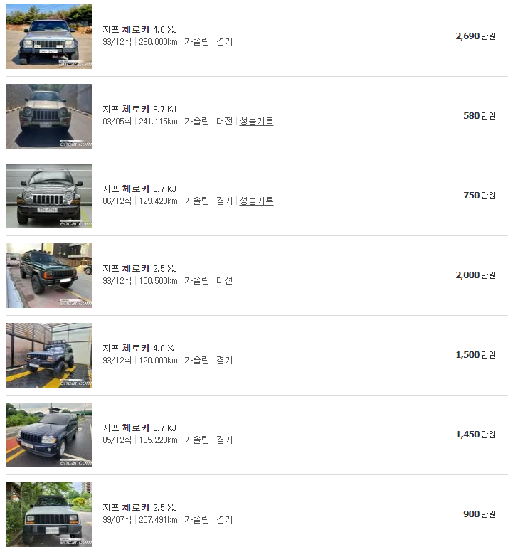 지프 체로키(84~13년식) 중고차 가격