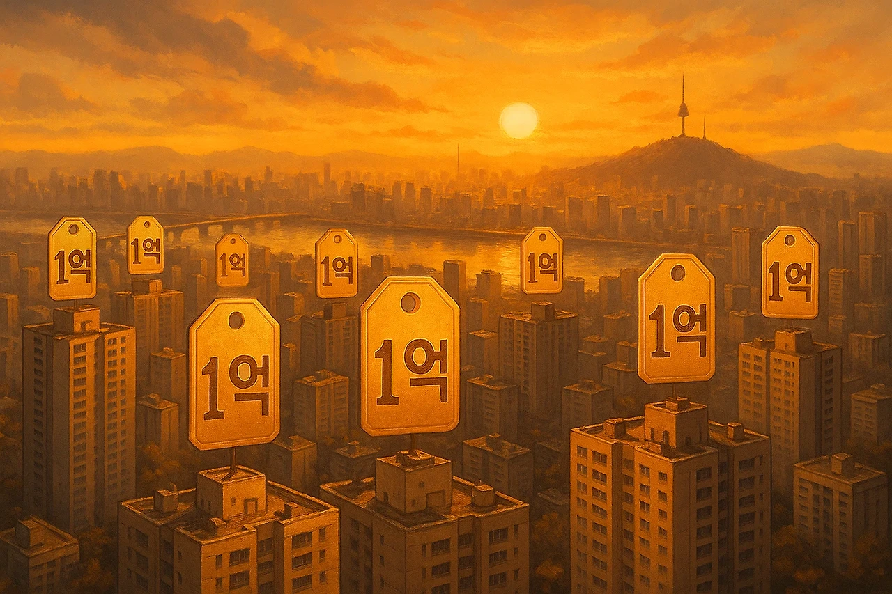 AI이미지. 서울 스카이라인과 골드 태그로 평당1억 돌파를 나타낸 가상 이미지