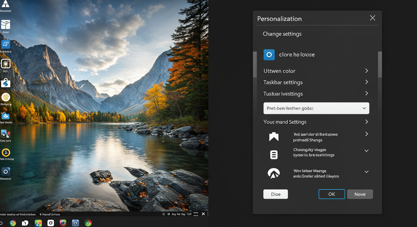 (Image Prompt: Split screen showing Windows personalization options. Left: Desktop with a custom background image. Right: Settings window displaying options for changing colors, themes, or taskbar settings. Style: Informative screenshot.)