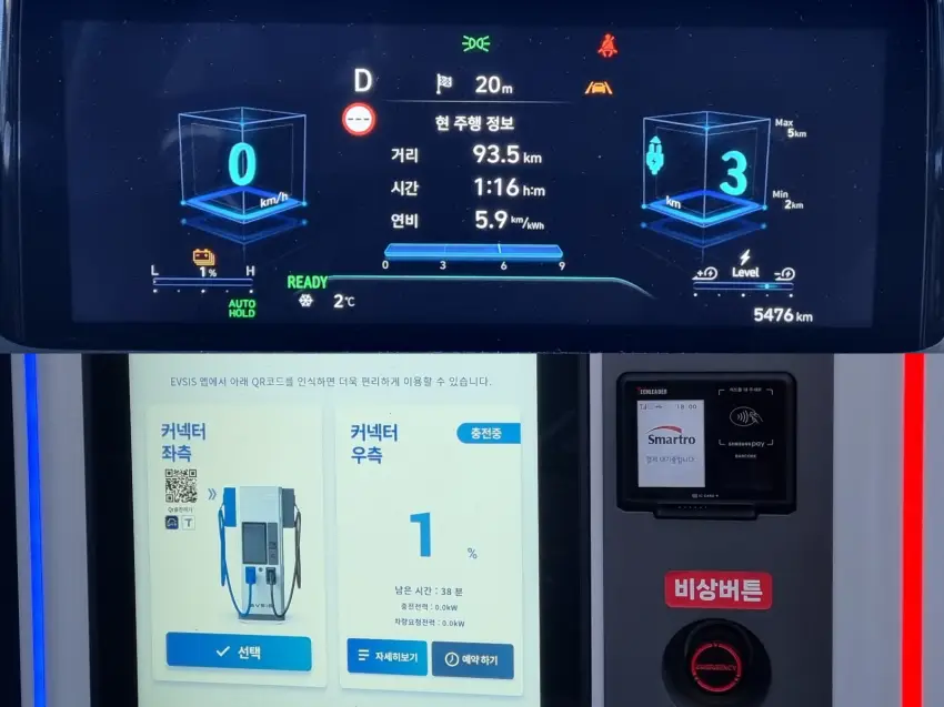 배터리 잔랴 1%를 남기고 100kW 급속 충전을 시도했더니 잘 도지 않았습니다.