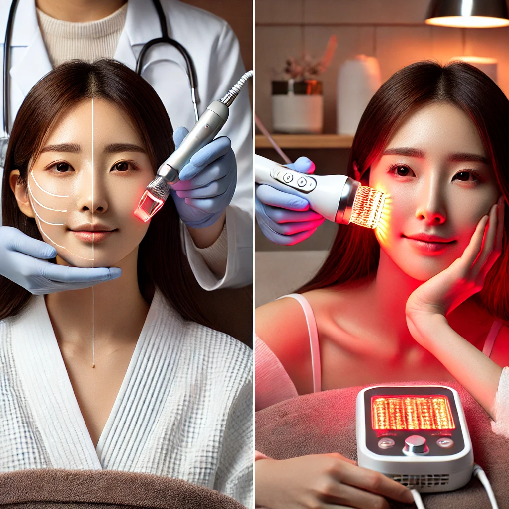 마이크로니들링 시술과 LED 마스크를 사용하는 모습