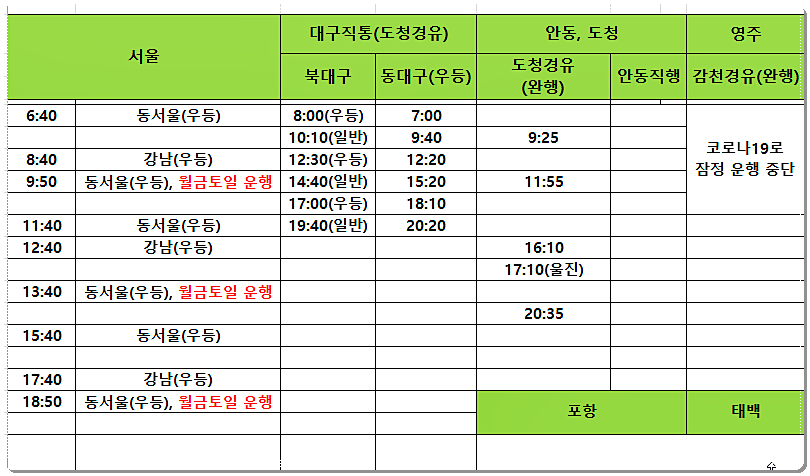 예천 시외버스터미널 시간표 1