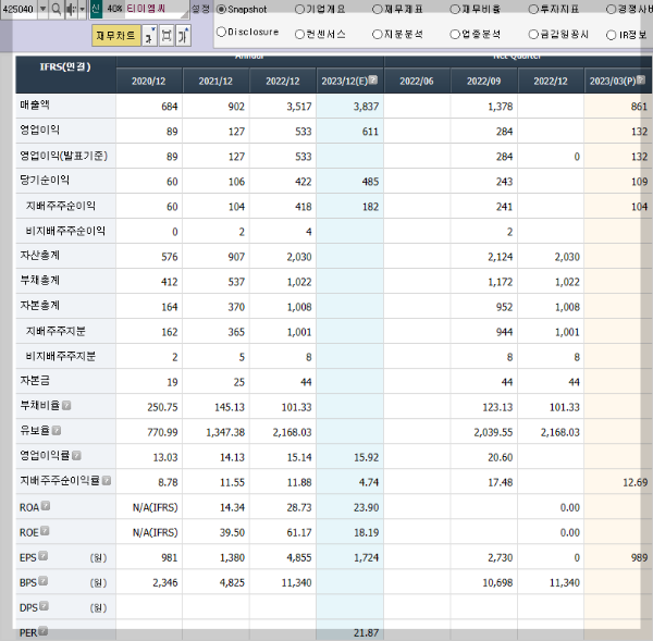 반도체 관련주 티이엠씨의 재무제표