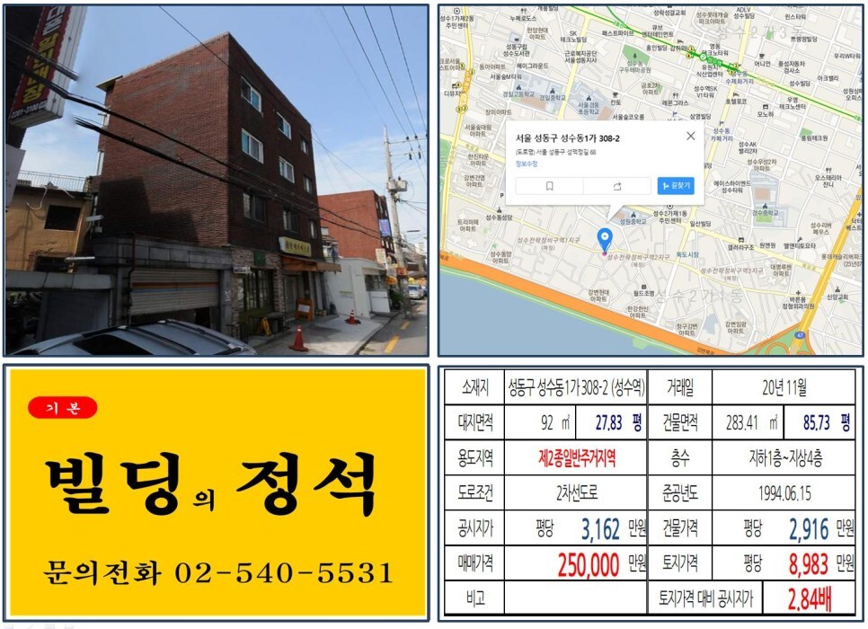  [성동구 성수전략정비구역 20억 빌딩 실거래가 조회] 성수동1가 308-2 (성수역) 25억 원, 평당 8,983만 원 매매되었습니다.