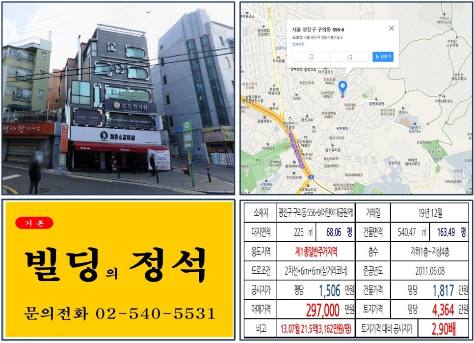  [광진구 아차산 먹자상권 20억 꼬마빌딩 실거래가 조회] 구의동 556-6 (어린이대공원역) 29억 7,000만 원, 평당 4,364만 원 매매