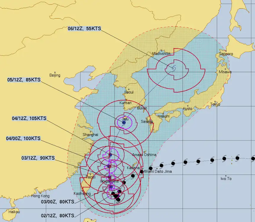 미 합동 태풍경보센터 JTWC의 힌남노 태풍 진로 예측 경로