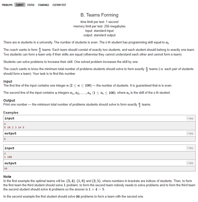  [Codeforces]  1092B: Teams Forming