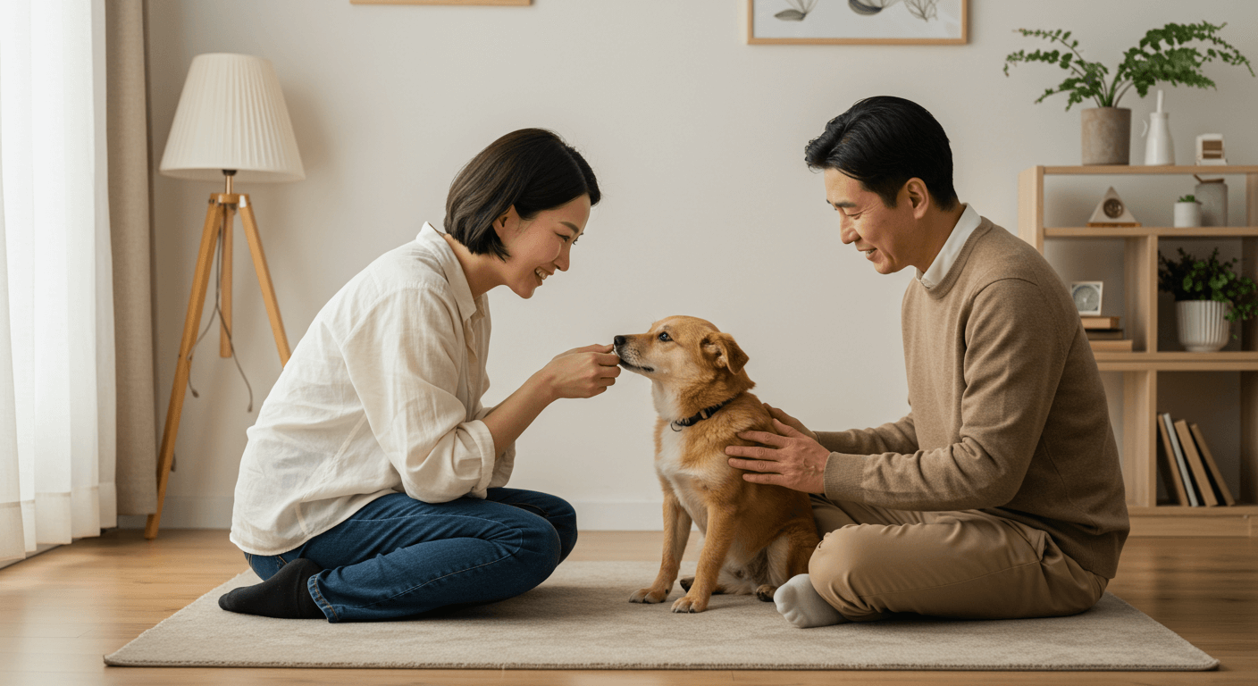 Korean family bonding with newly adopted rescue dog
