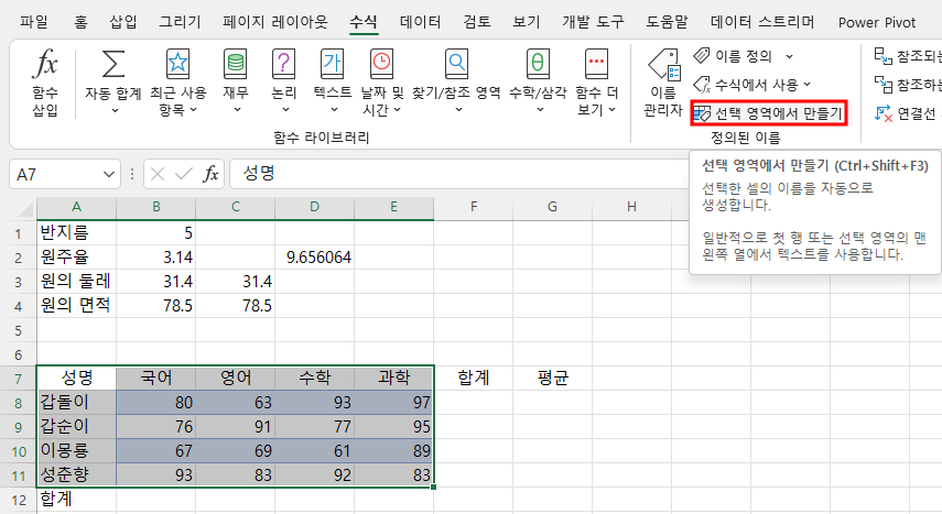 수식 - 선택영역에서 만들기