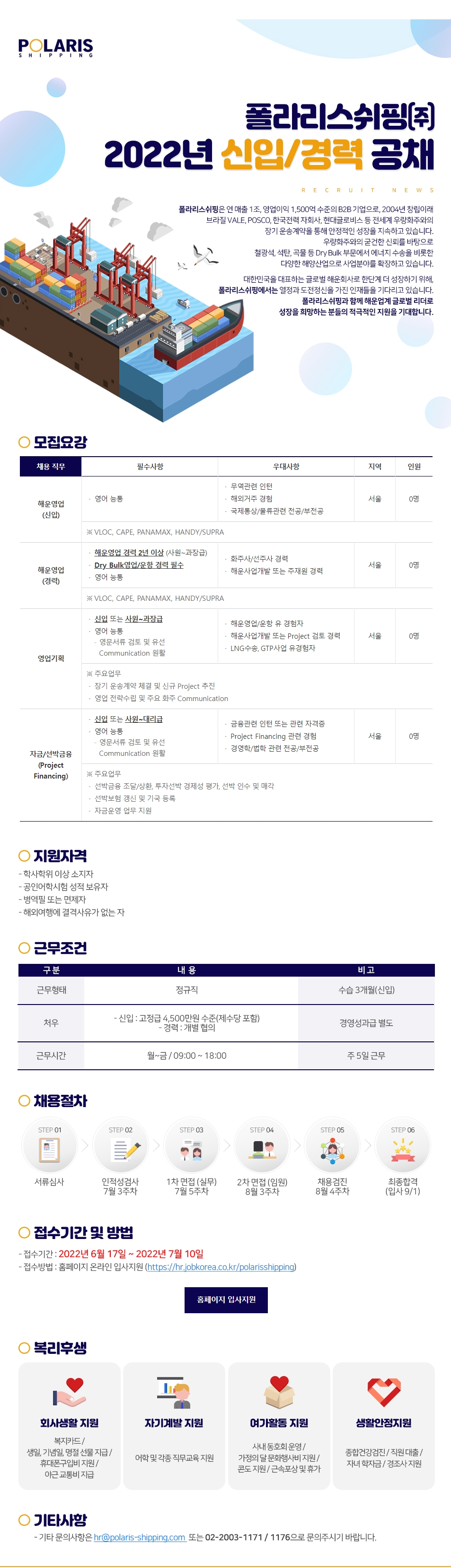  2022년 폴라리스쉬핑(주) 신입/경력사원 공개채용 공고