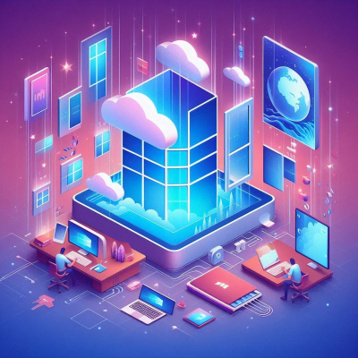 여러 디지털 화면들이 연결되어 하나의 큰 빌딩 모양을 이루는 모습.